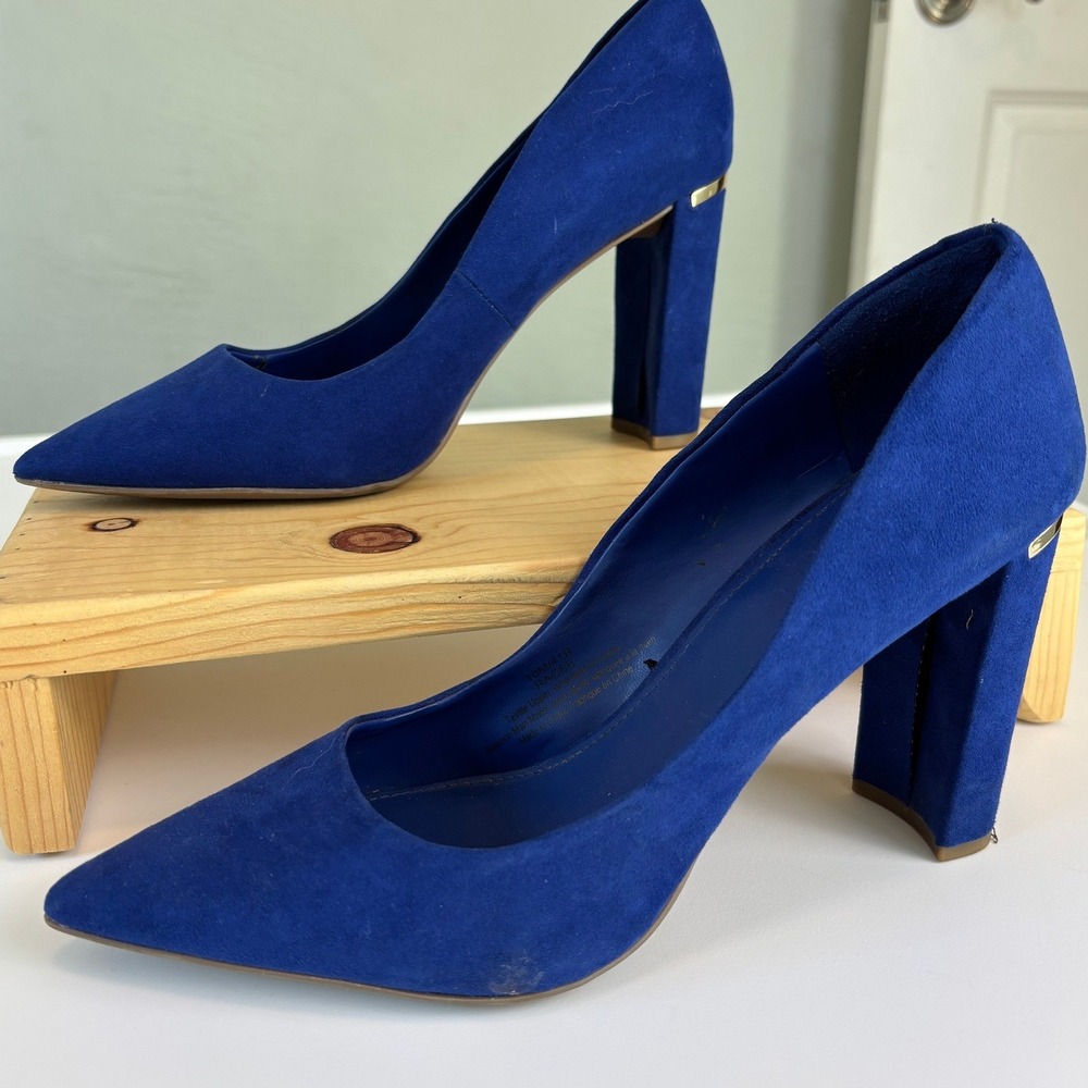 Marc New York Royal Blue Suede Pointed Toe Block Heel Pumps Gold Trim 10M